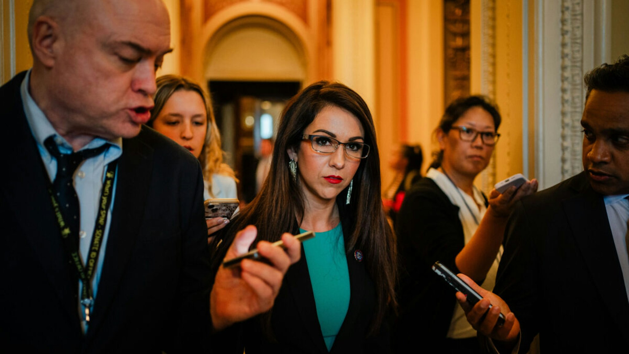 Rep. Lauren Boebert (R-CO) chats with reporters after leading the floor of the House Chamber at the U.S. Capitol on Wednesday, June 21, 2023 in Washington, DC.