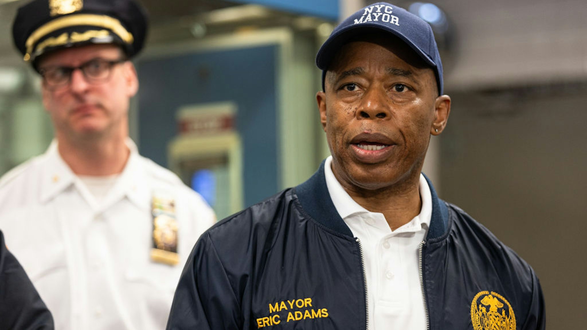 UNITED STATES -June 22: Mayor Eric Adams speaking to the press at the L stop Bushwick Ave-Aberdeen St. train station where one teenager was killed and another in stable condition after train surfing, Brooklyn, New York, Thursday, June 22, 2023.