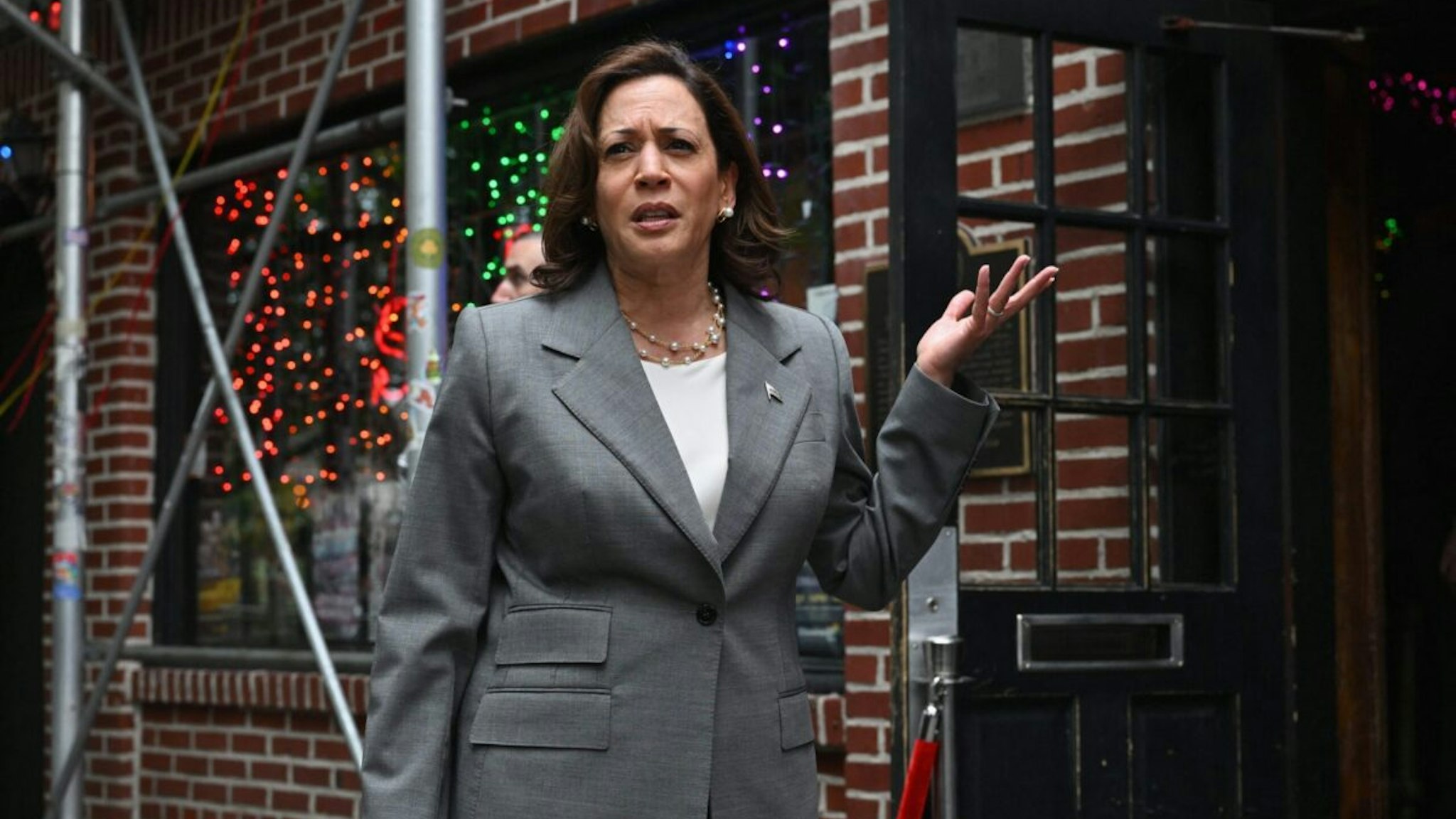 US Vice President Kamala Harris speaks outside the Stonewall Inn, prior to delivering remarks at the 24th annual LGBTQ+ Leadership Council Gala, in New York City on June 26, 2023.