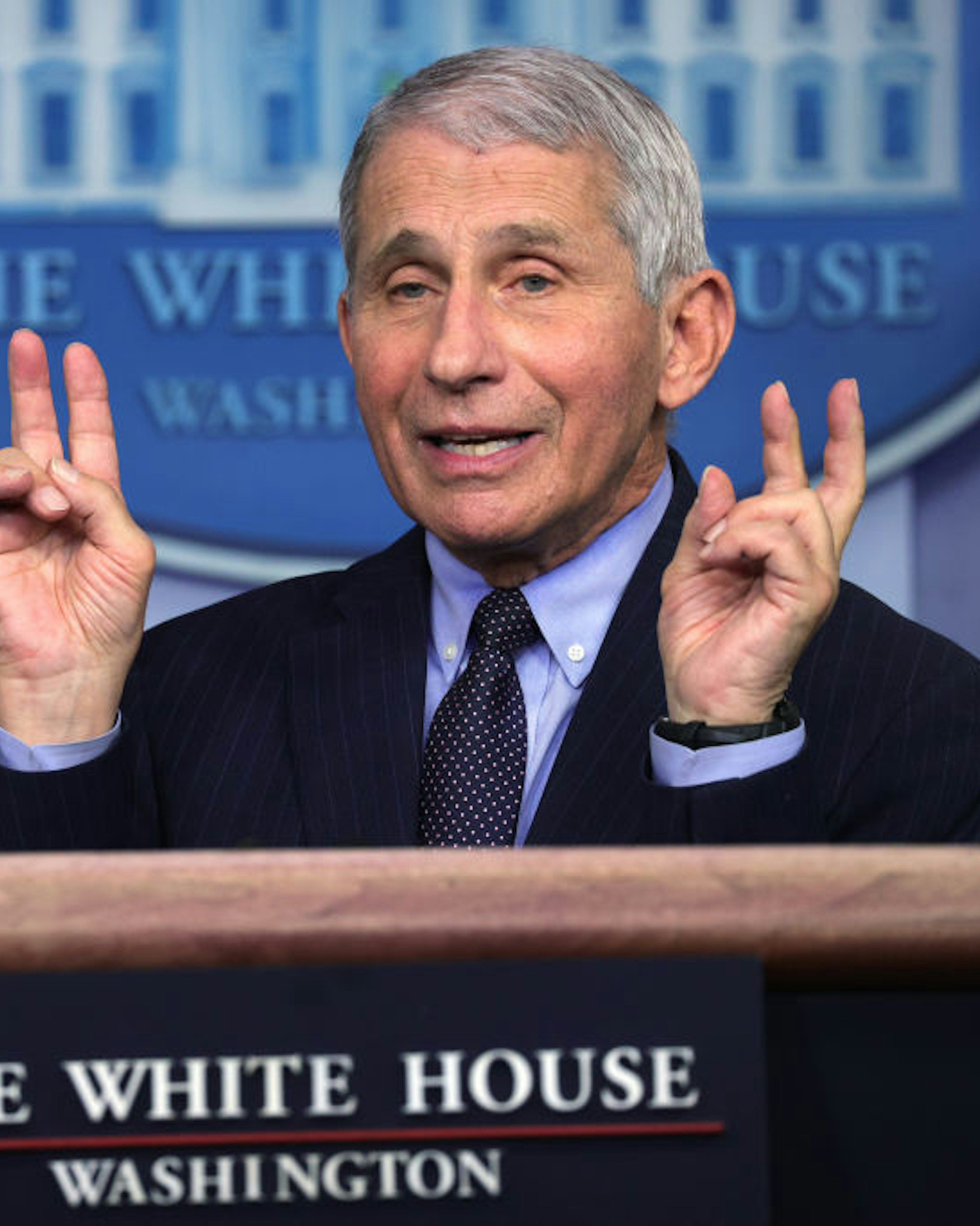 WASHINGTON, DC - JANUARY 21: Dr Anthony Fauci, Director of the National Institute of Allergy and Infectious Diseases, speaks during a White House press briefing, conducted by White House Press Secretary Jen Psaki, at the James Brady Press Briefing Room of the White House January 21, 2021 in Washington, DC. Psaki held her second press briefing since President Joe Biden took office yesterday. (Photo by Alex Wong/Getty Images)