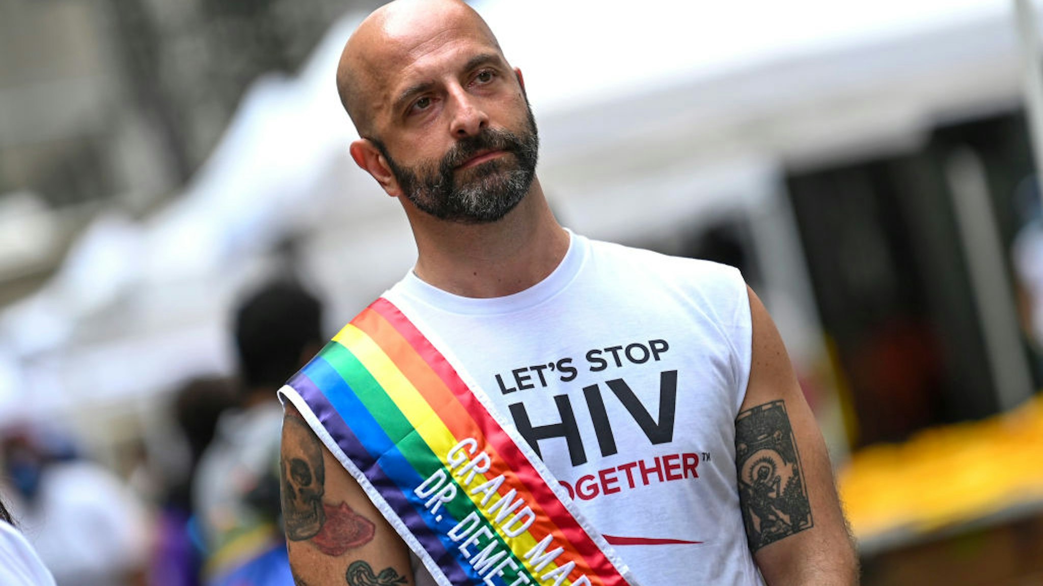 NEW YORK, NEW YORK - JUNE 27: Grand Marsal Dr. Demetre Daskalakis waits to speak to press at the 2021 NYC Pride March near the Flatiron District on June 27, 2021 in New York City. The NYC Pride March was held virtually in 2020 due to the coronavirus pandemic. This year's theme is 'The Fight Continues.’ (Photo by Alexi Rosenfeld/Getty Images)