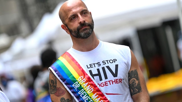NEW YORK, NEW YORK - JUNE 27: Grand Marsal Dr. Demetre Daskalakis waits to speak to press at the 2021 NYC Pride March near the Flatiron District on June 27, 2021 in New York City. The NYC Pride March was held virtually in 2020 due to the coronavirus pandemic. This year's theme is 'The Fight Continues.’ (Photo by Alexi Rosenfeld/Getty Images)