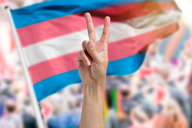 Supporting hand makes the peace sign with a transgender flag in a parade