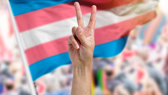Supporting hand makes the peace sign with a transgender flag in a parade