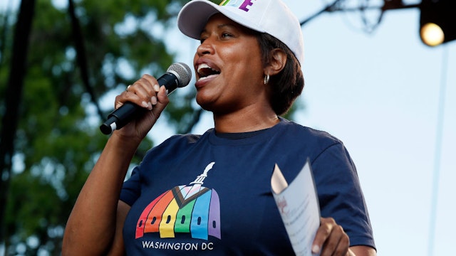 WASHINGTON, DC - JUNE 12: DC Mayor Muriel Bowser speaks at the Capital Pride concert and festival on Pennsylvania Avenue during Pride Week on June 12, 2022 in Washington, DC.