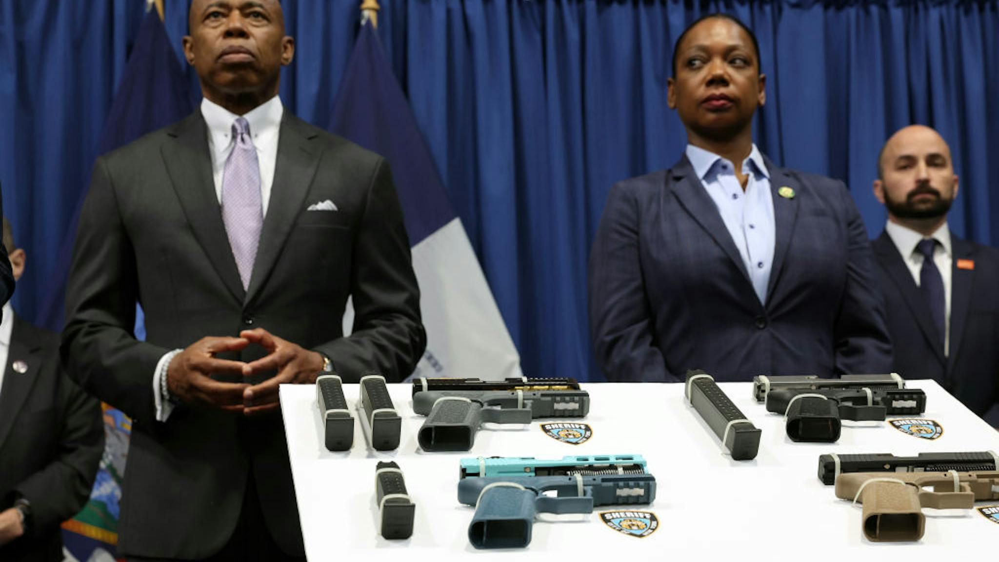 NYC Mayor Eric Adams And NY Attorney General Letitia James Make Announcement Combating Gun Violence In New York NEW YORK, NEW YORK - JUNE 29: New York City Mayor Eric Adams and New York City Police Commissioner Keechant Sewell attend a news conference with New York Attorney General Letitia James and others to announce a new lawsuit against "ghost gun" distributors on June 29, 2022 in New York City. The city's lawsuit is against 10 distributors of gun components which are used in the illegal, and largely untraceable "ghost guns" that have significantly contributed to the violence on the streets of New York City. (Photo by Spencer Platt/Getty Images)