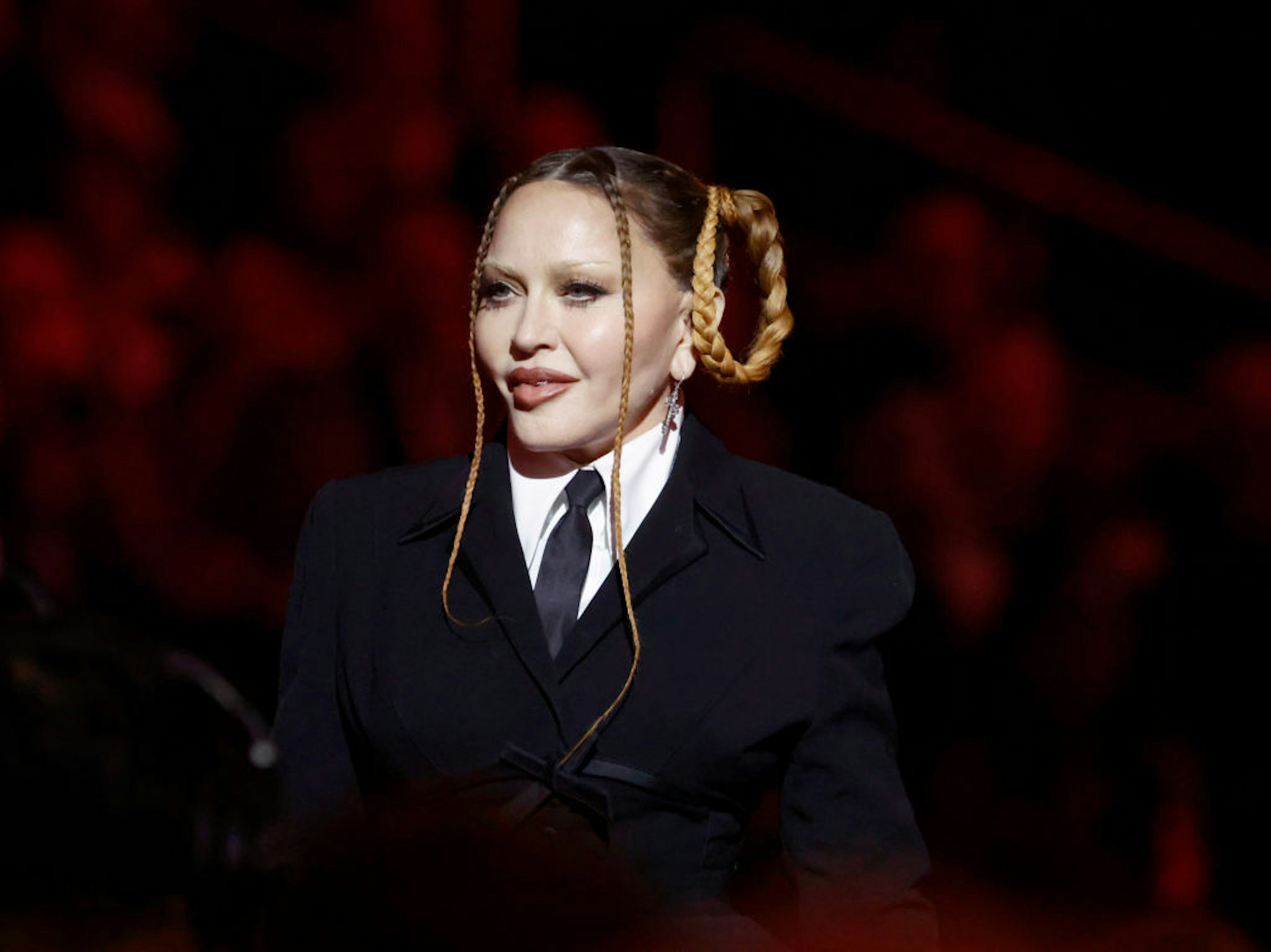 LOS ANGELES, CALIFORNIA - FEBRUARY 05: (FOR EDITORIAL USE ONLY) Madonna speaks onstage during the 65th GRAMMY Awards at Crypto.com Arena on February 05, 2023 in Los Angeles, California. (Photo by Frazer Harrison/Getty Images)