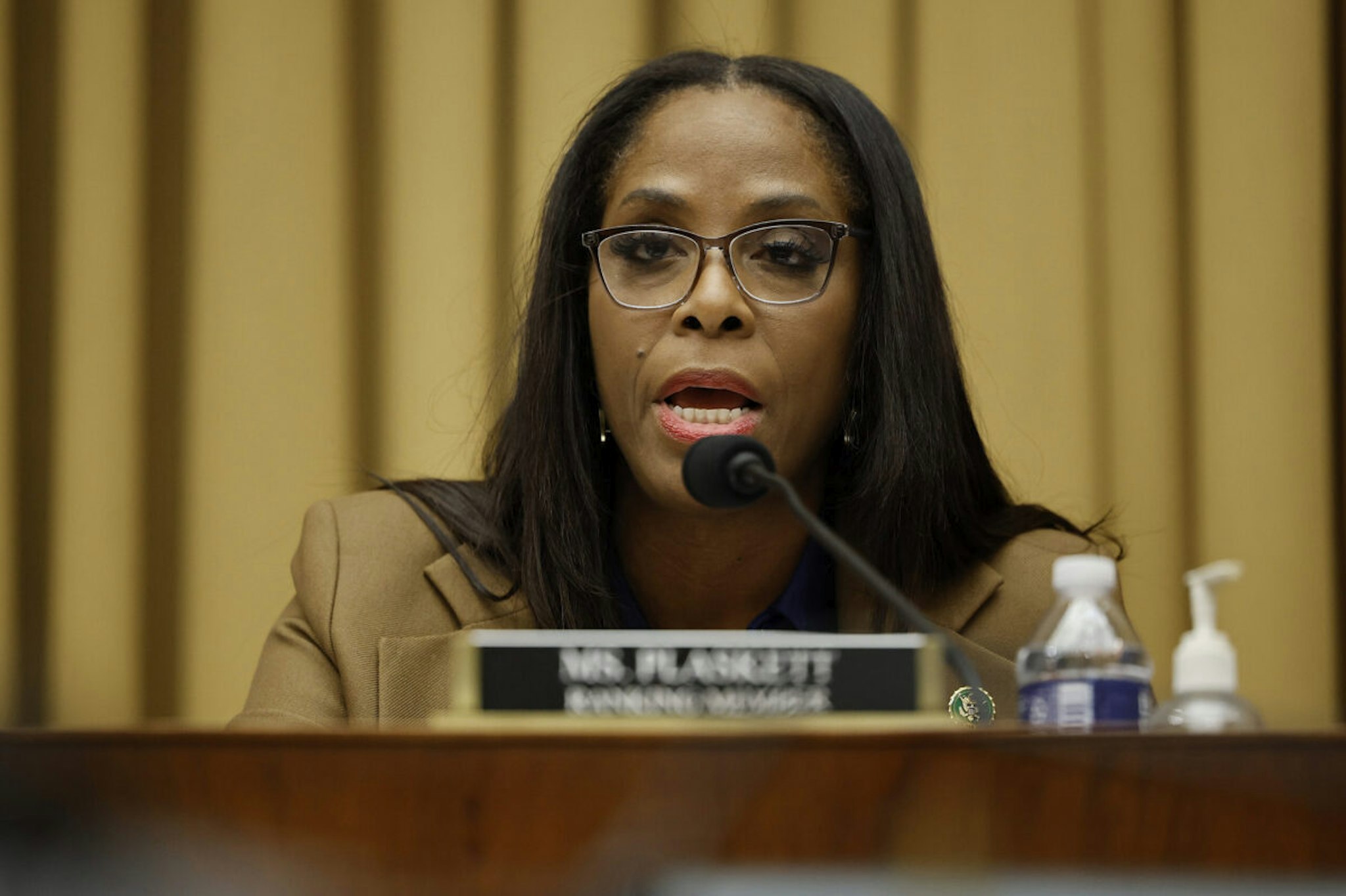 WASHINGTON, DC - FEBRUARY 09: Ranking member Del. Stacey Plaskett (D-VI) delivers opening remarks during the first hearing of the Weaponization of the Federal Government subcommittee in the Rayburn House Office Building on Capitol Hill on February 09, 2023 in Washington, DC. This was the first hearing of the new subcommittee, created by a sharply divided Congress to scrutinize what Republican members have charged is an effort by the federal government to target and silence conservatives.