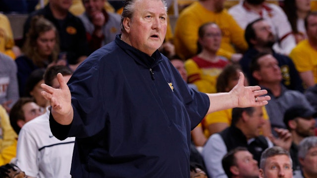 AMES, IA - FEBRUARY 27: Head coach Bob Huggins of the West Virginia Mountaineers argues a call by an official in the first half of play at Hilton Coliseum on February 27, 2023 in Ames, Iowa. The West Virginia Mountaineers won 72-69 over the Iowa State Cyclones.