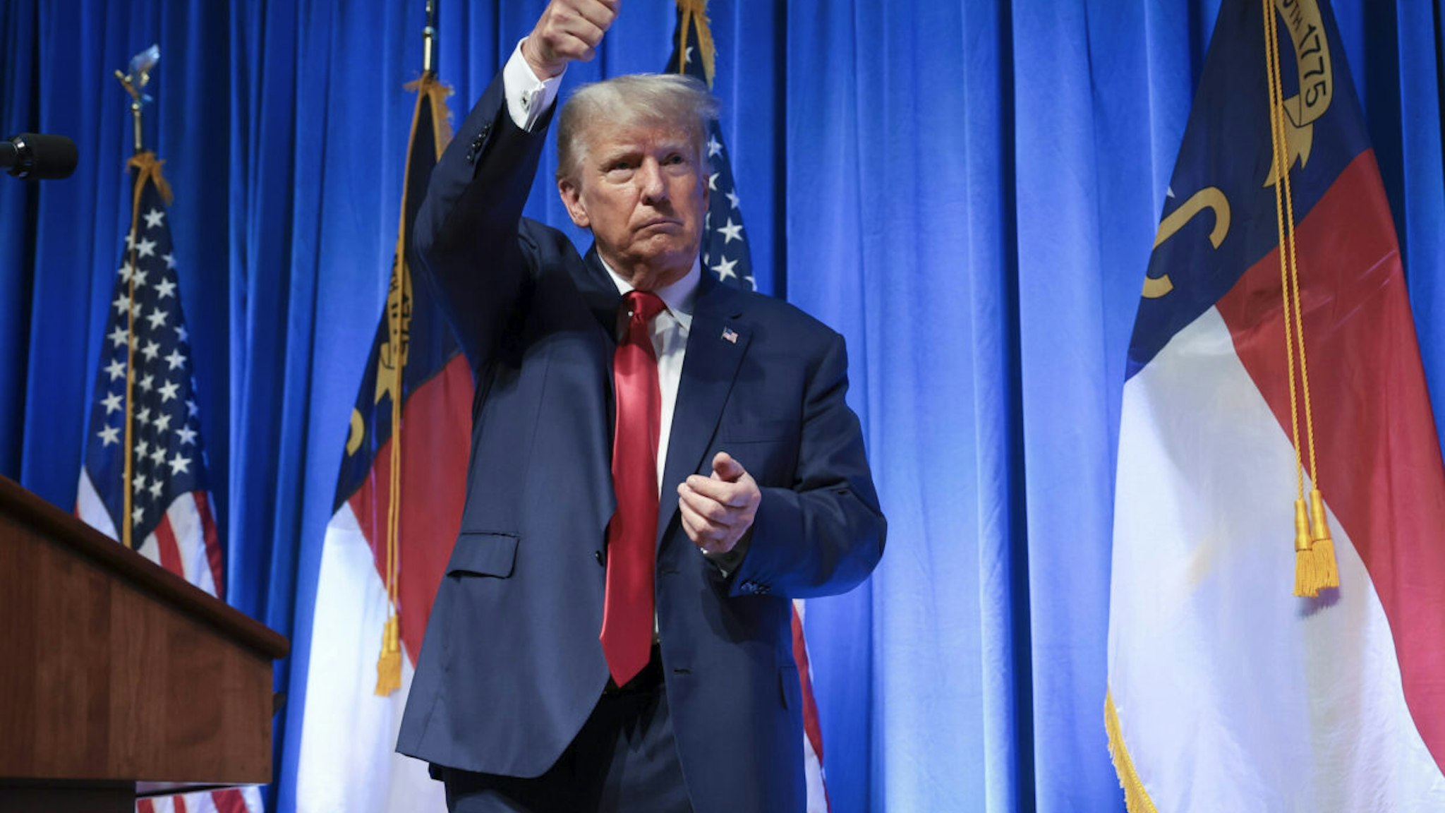 GREENSBORO, NORTH CAROLINA - JUNE 10: Republican presidential candidate former U.S. President Donald Trump gestures to the audience after delivering remarks June 10, 2023 in Greensboro, North Carolina. Trump spoke during the North Carolina Republican party’s annual state convention two days after becoming the first former U.S. president indicted on federal charges.
