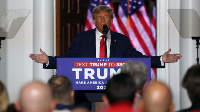 BEDMINSTER, NEW JERSEY - JUNE 13: Former President Donald Trump speaks to supporters at Trump National Golf Club in Bedminster following his appearance in a Miami court on June 13, 2023 in Bedminster, New Jersey. Trump appeared in court in Miami to answer a 37-count indictment that alleges he willfully retained classified documents after he left office and refused to return them.