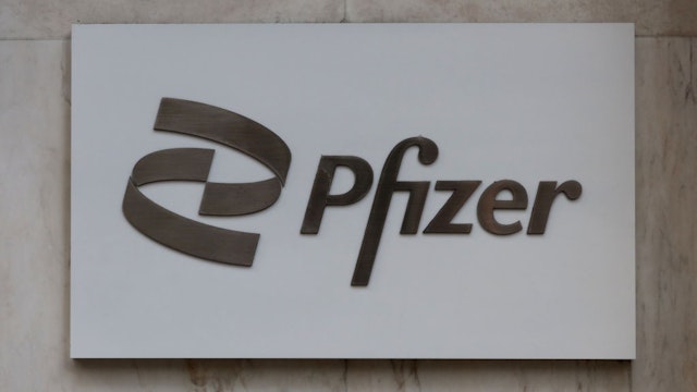 NEW YORK, NY - JUNE 15: A Pfizer corporate logo hangs on a wall at their headquarters on 42nd Street on June 15, 2023, in New York City.