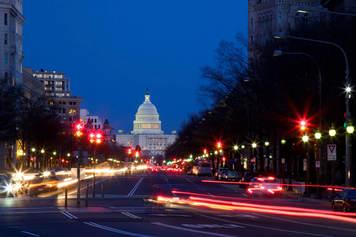 Traffic and city lights along Pennsylvania Avenue in Washington, D.C.