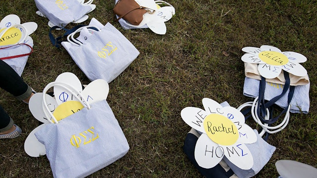UNITED STATES - October 6: New bags, signs, shirts, and goodies await to be given to new members of Phi Sigma Sigma sorority on sorority bid day at George Washington University on the National Mall in Washington, on Tuesday, October 6, 2015. More than 500 women received bids to ten sororities, after the school's chapter of Delta Gamma was shut down last week. (Photo By Al Drago/CQ Roll Call)