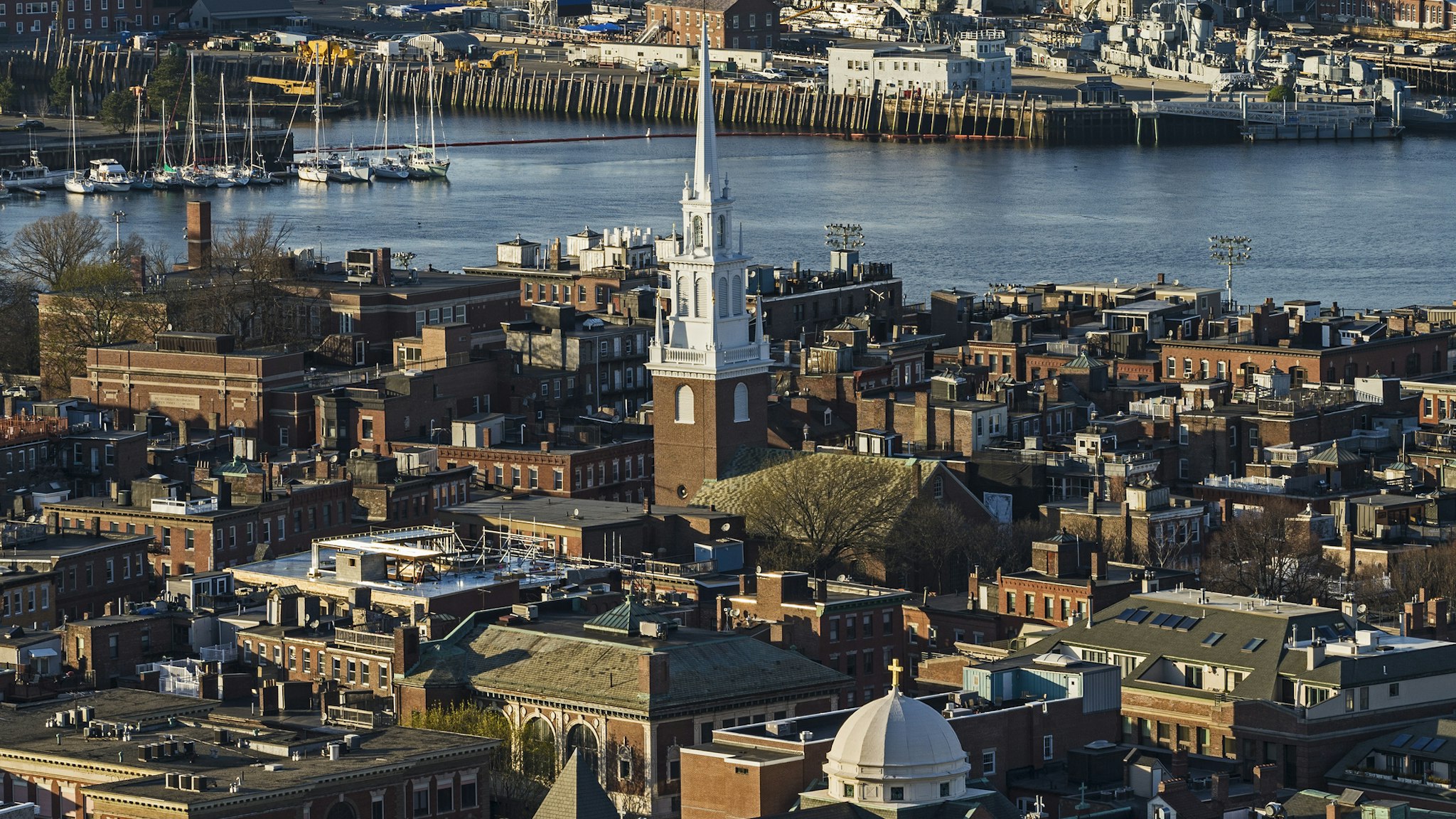 Massachusetts, Boston, Aerial view of North End and Charlestown areas - stock photo
