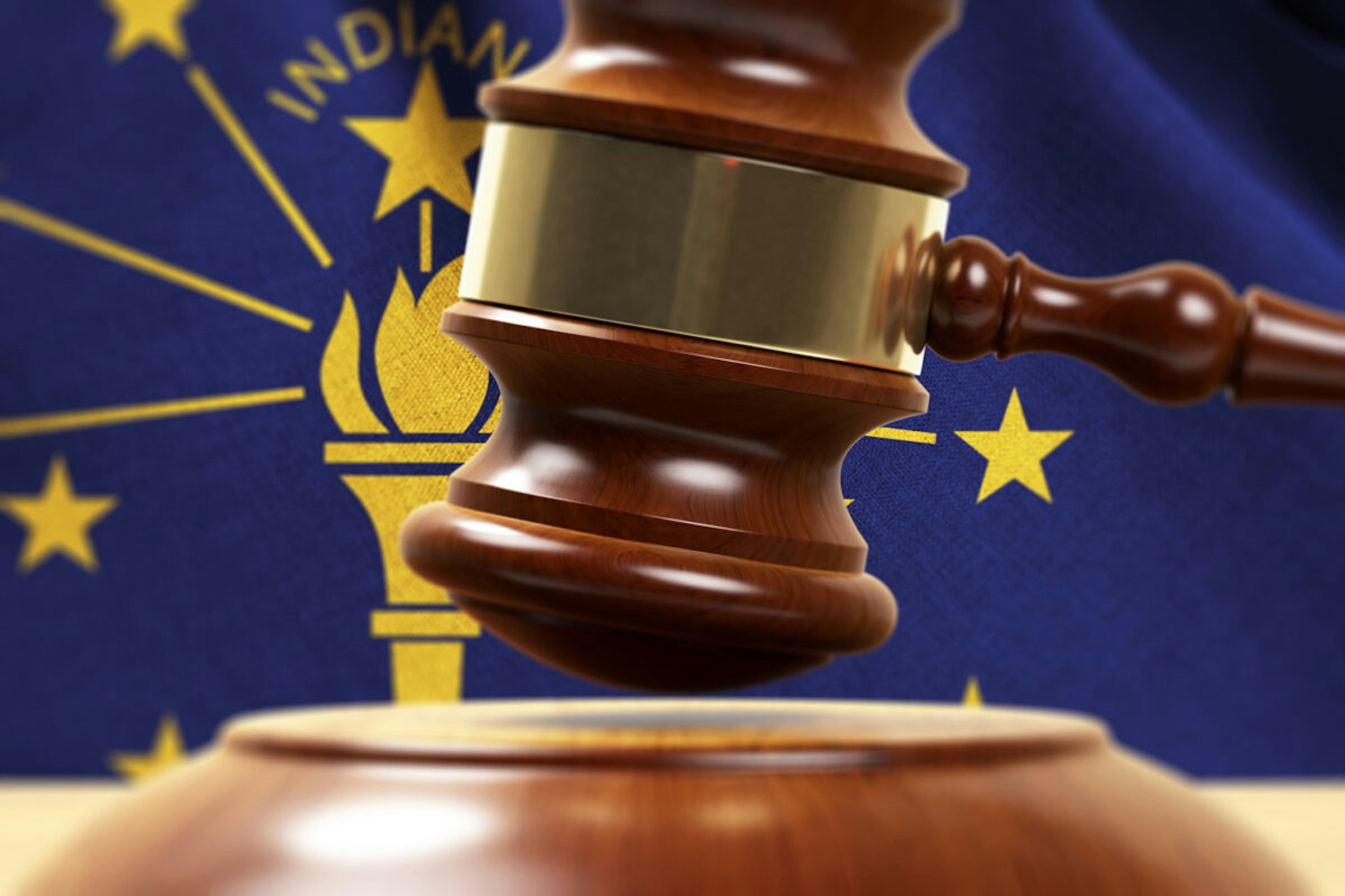 Wood Gavel Standing Front Of the Indiana Flag Closeup 3d Render Focused image