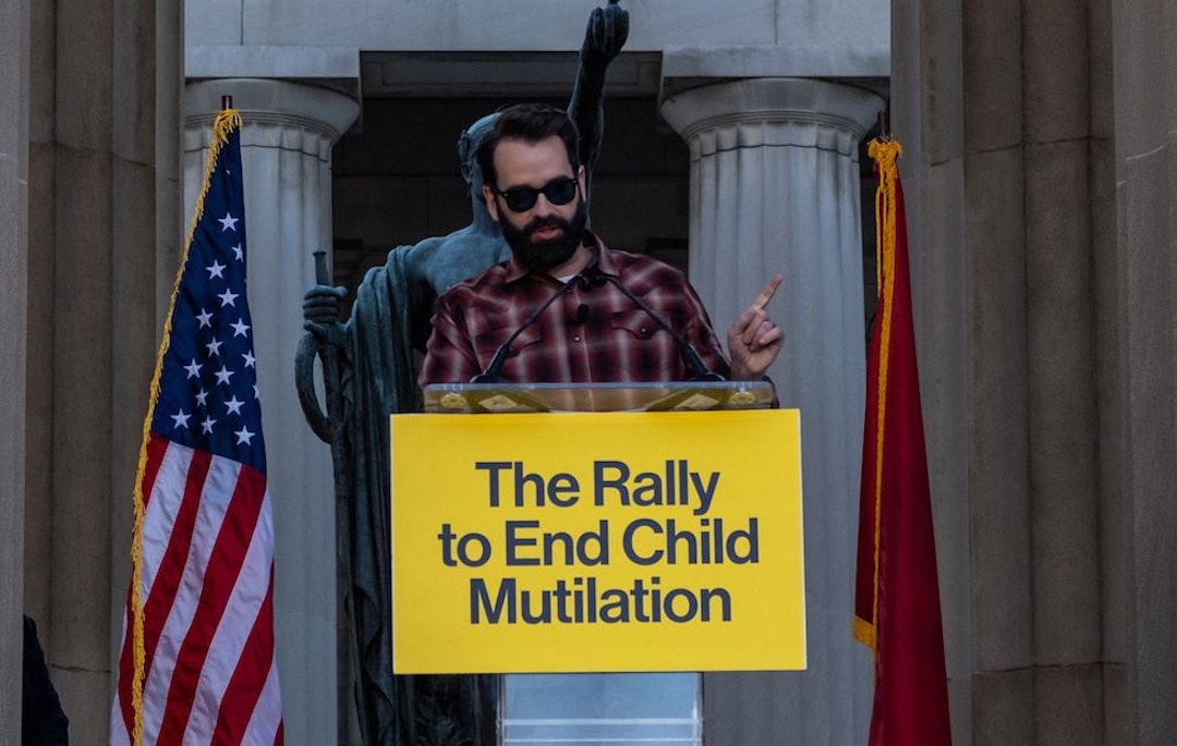 Matthew Walsh, a right-wing commentator for the right-wing news outlet "The Daily Wire", speaks during a rally against gender-affirming care in Nashville, Tennessee at the War Memorial Plaza on October 21,2022. (Photo by SETH HERALD / AFP) (Photo by SETH HERALD/AFP via Getty Images)