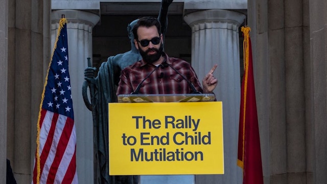 Matthew Walsh, a right-wing commentator for the right-wing news outlet "The Daily Wire", speaks during a rally against gender-affirming care in Nashville, Tennessee at the War Memorial Plaza on October 21,2022. (Photo by SETH HERALD / AFP) (Photo by SETH HERALD/AFP via Getty Images)