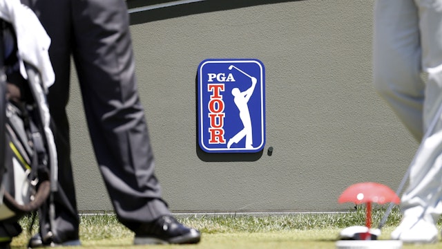 CROMWELL, CT - JUNE 24: PGA Tour logo during the third round of the Travelers Championship on June 24, 2017, at TPC River Highlands in Cromwell, Connecticut.