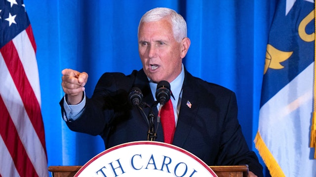 Former US Vice President and 2024 presidential hopeful Mike Pence arrives to speak at the North Carolina Republican Party Convention in Greensboro, North Carolina, on June 10, 2023.
