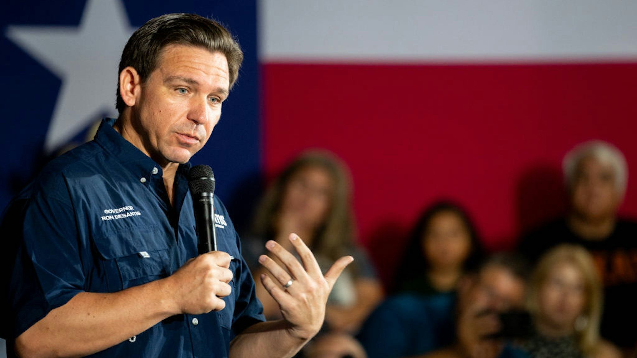 EAGLE PASS, TEXAS - JUNE 26: Republican presidential candidate, Florida Gov. Ron DeSantis speaks during a campaign rally on June 26, 2023 in Eagle Pass, Texas. Gov. DeSantis engaged residents and voters while speaking about border security issues at the event. (Photo by Brandon Bell/Getty Images)