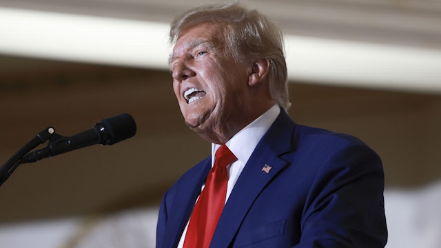 WEST PALM BEACH, FLORIDA - APRIL 04: Former U.S. President Donald Trump speaks during an event at the Mar-a-Lago Club April 4, 2023 in West Palm Beach, Florida. Trump pleaded not guilty in a Manhattan courtroom today to 34 counts related to money paid to adult film star Stormy Daniels in 2016, the first criminal charges for any former U.S. president.