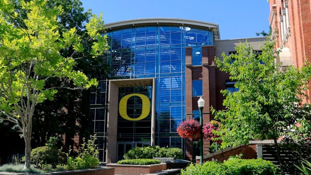 University of Oregon Lillis Business Complex building on campus in Eugene Oregon.