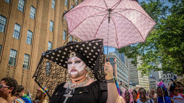 A member of the Sisters Of Perpetual Indulgence seen marching at the protest.