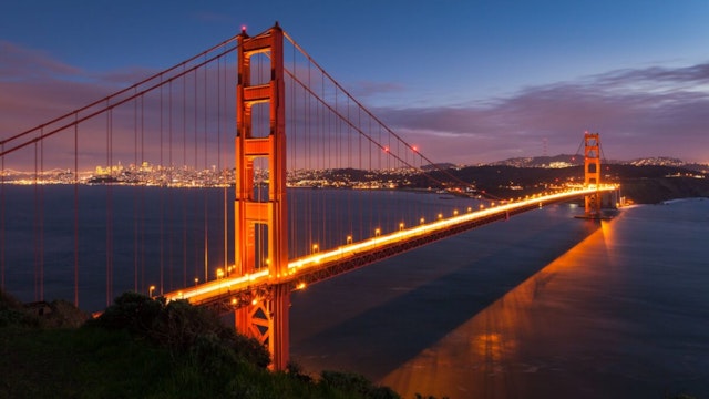 Long exposure panorama of Golden Gate Bridge at dusk.