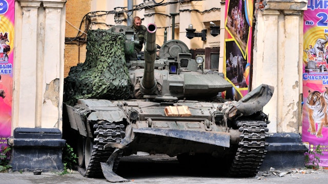 ROSTOV-ON-DON, RUSSIA - JUNE 24: Armored vehicles and fighters of Wagner on streets after the Wagner paramilitary group has taken control of the headquarters of Russia's southern military district in Rostov-on-Don, Russia on June 24, 2023.