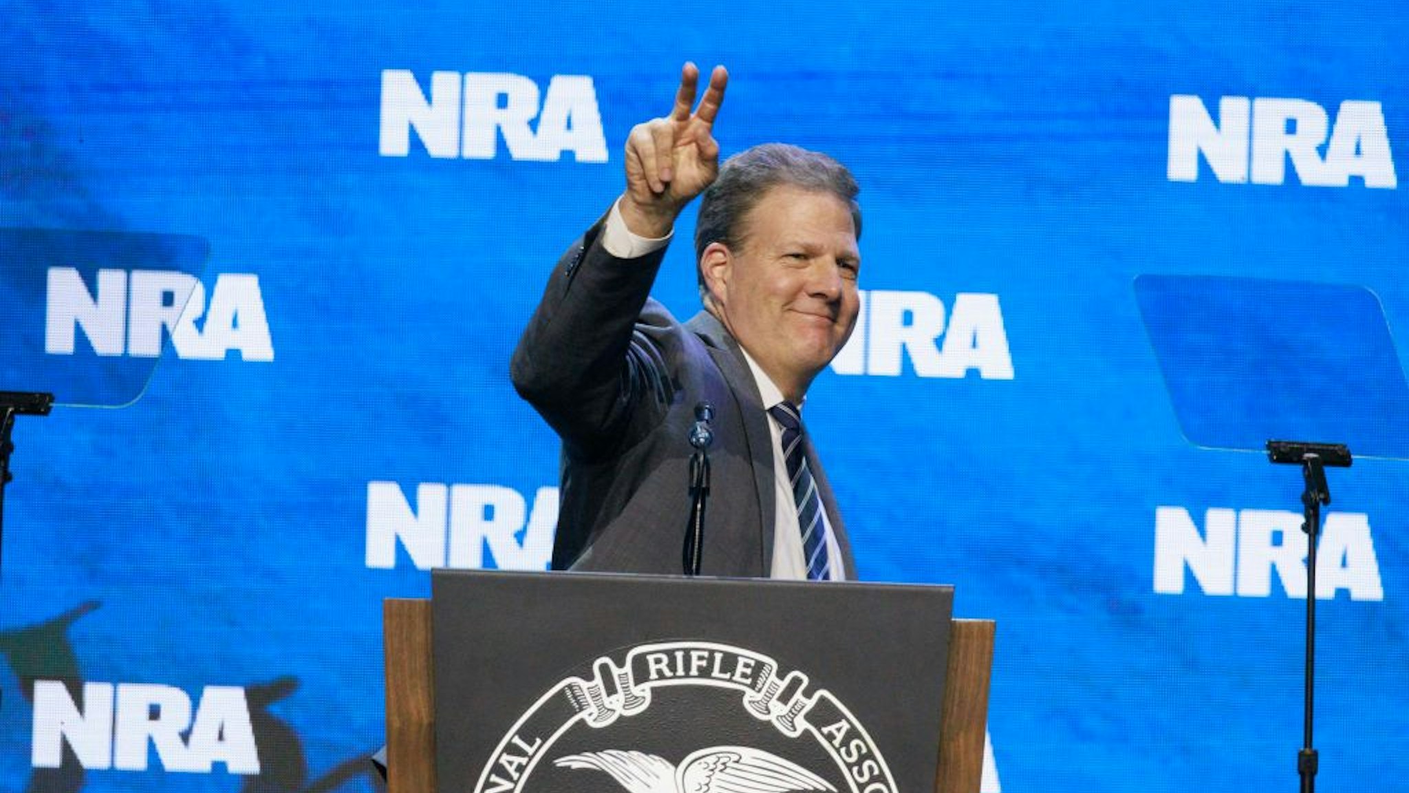INDIANAPOLIS, INDIANA, UNITED STATES - 2023/04/14: New Hampshire Governor Chris Sununu speaks to guests at the 2023 NRA-ILA Leadership Forum in Indianapolis. The forum is part of the National Rifle Association's Annual Meetings &amp; Exhibits which is expected to draw around 70,000 guests, opens today and runs through Sunday.
