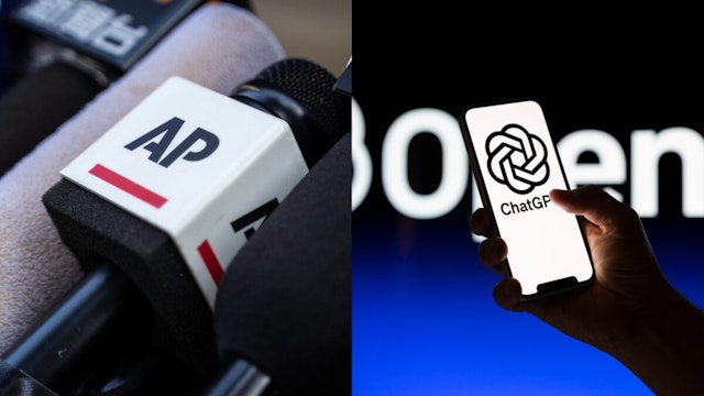 A microphone of Associated Press (AP), an American non-profit news agency is placed outside the Court of Final Appeal as they wait for the verdict of Jimmy Lai's bail/OpenAI ChatGPT logos are seen on electronic device screens in this photo illustration on 31 May, 2023 in Warsaw, Poland
