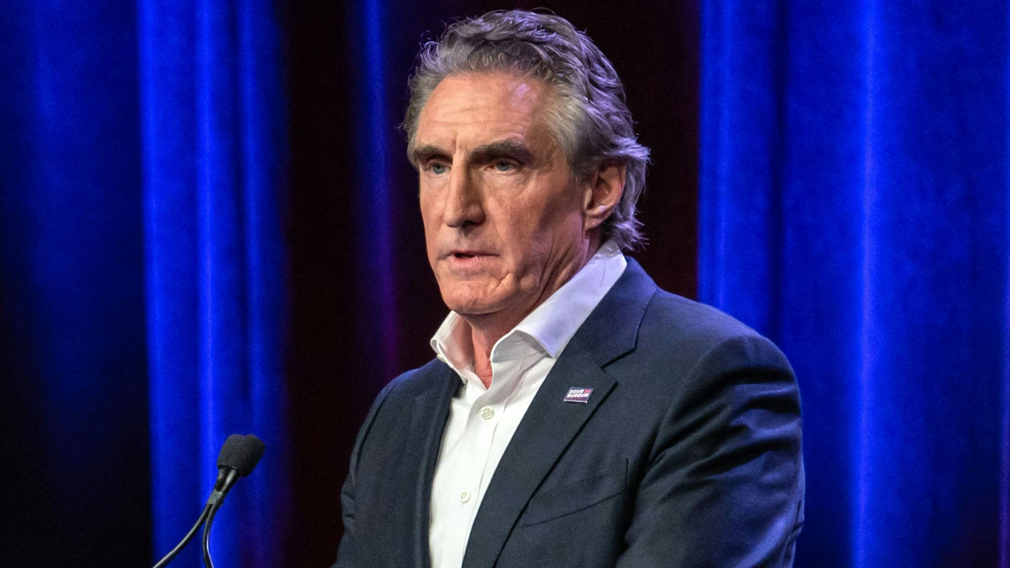 North Dakota governor and 2024 Republican Presidential hopeful Doug Burgum speaks at the Republican Party of Iowa's 2023 Lincoln Dinner at the Iowa Events Center in Des Moines, Iowa, on July 28, 2023.