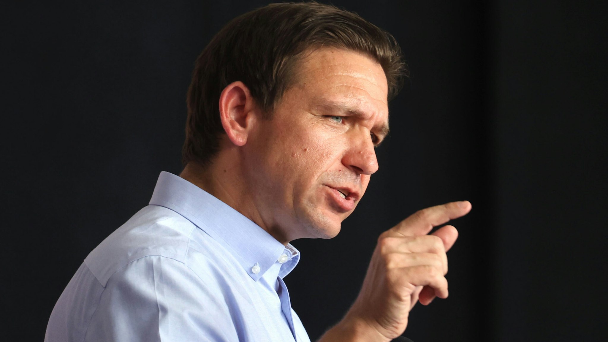 ANKENY, IOWA - JULY 15: Republican presidential candidate Florida Governor Ron DeSantis speaks at U.S. Rep. Zach Nunn’s “Operation Top Nunn: Salute to Our Troops" fundraiser on July 15, 2023 in Ankeny, Iowa. Yesterday DeSantis joined several other Republican presidential candidates at the Family Leadership Summit in nearby Des Moines.
