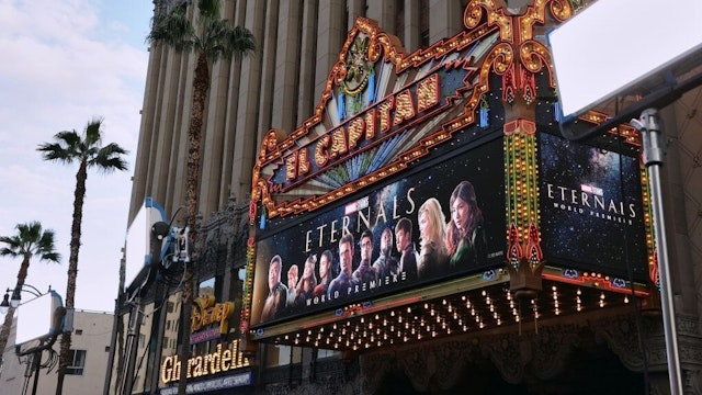 LOS ANGELES, CALIFORNIA - OCTOBER 18: The marquee at the El Capitan Theatre is seen during Marvel Studios' "Eternals" premiere on October 18, 2021 in Los Angeles, California. (Photo by Rich Fury/Getty Images)