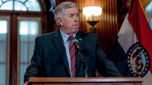 JEFFERSON CITY, MO - MAY 29: Gov. Mike Parson listens to a media question during a press conference to discuss the status of license renewal for the St. Louis Planned Parenthood facility on May 29, 2019 in Jefferson City, Missouri. Parson stated that the facility still had until Friday to comply with the state in order to renew the license.