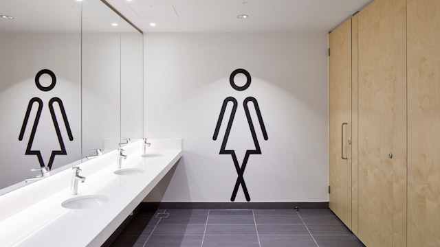 Women's bathroom. The Charter Building, Uxbridge, United Kingdom. Architect: dn-a architecture, 2017. (Photo by: Andy Stagg/View Pictures/Universal Images Group via Getty Images)