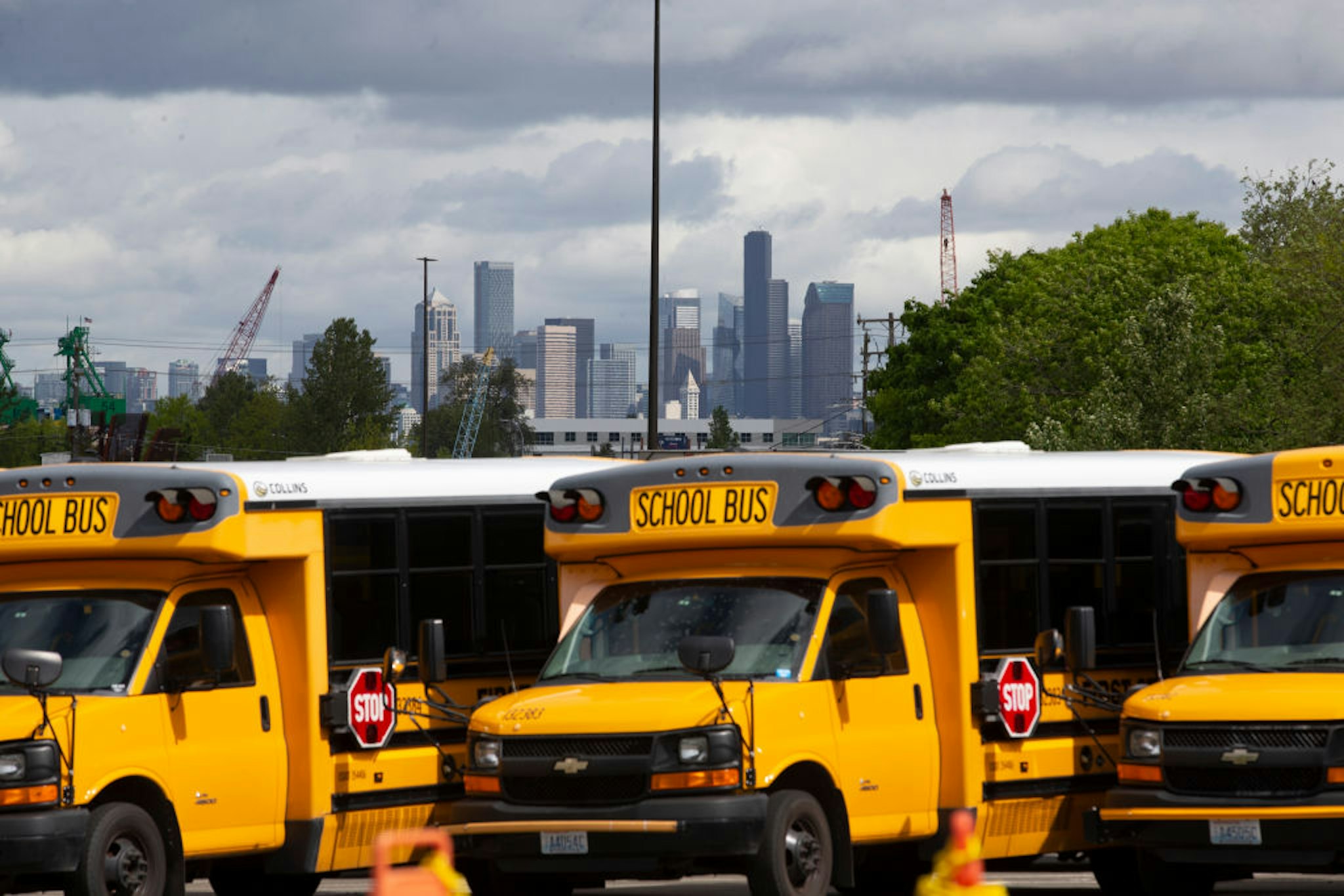 SEATTLE, WA - MAY 06: School buses sit idle in a bus yard on May 6, 2020 in Seattle, Washington. Since the outbreak of COVID-19 and the closure of all school buildings, the Seattle Public Schools Nutrition Services Department has been distributing breakfast and lunch to students through a network of 26 school sites and 43 bus routes five days a week. The meal distribution also includes additional food for weekends. Approximately 6,500 people are served per day through the program. (Photo by Karen Ducey/Getty Images)