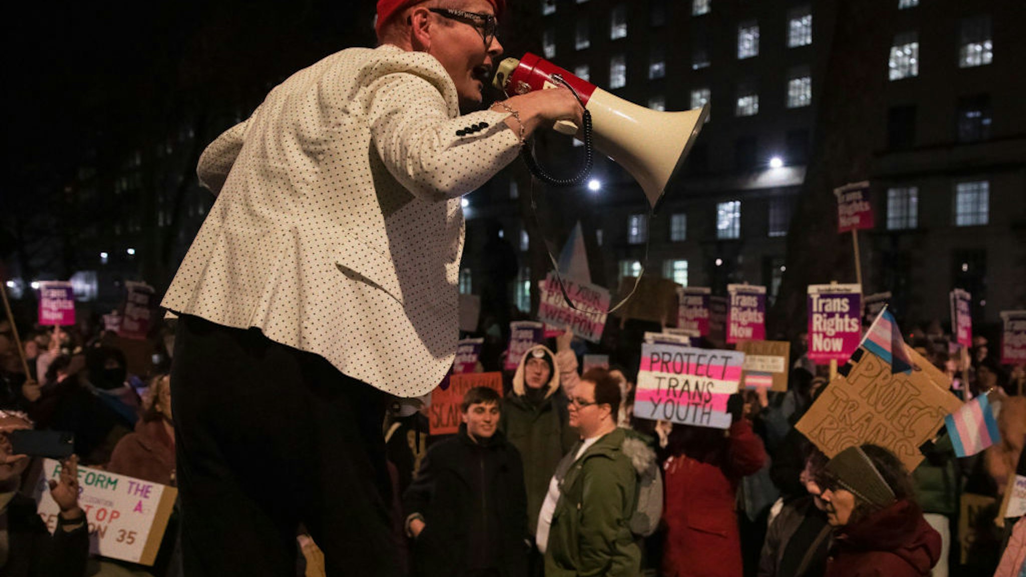 Sarah Jane Baker addresses trans people at an emergency protest opposite Downing Street on 18 January 2023 in London, United Kingdom. The protest, attended by around a thousand people, was organised at short notice by London Trans Pride following the UK government's decision to use Section 35 of the Scotland Act to block Scotland's Gender Recognition Reform Bill which would have made it easier for trans people to obtain a Gender Recognition Certificate (GRC) in Scotland. (photo by Mark Kerrison/In Pictures via Getty Images)