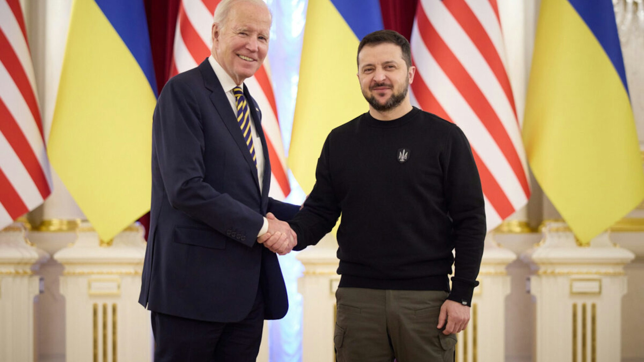 KYIV, UKRAINE - FEBRUARY 20: In this handout photo issued by the Ukrainian Presidential Press Office, U.S. President Joe Biden meets with Ukrainian President Volodymyr Zelensky at the Ukrainian presidential palace on February 20, 2023 in Kyiv, Ukraine. The US President made his first visit to Kyiv since Russia's large-scale invasion last February 24.
