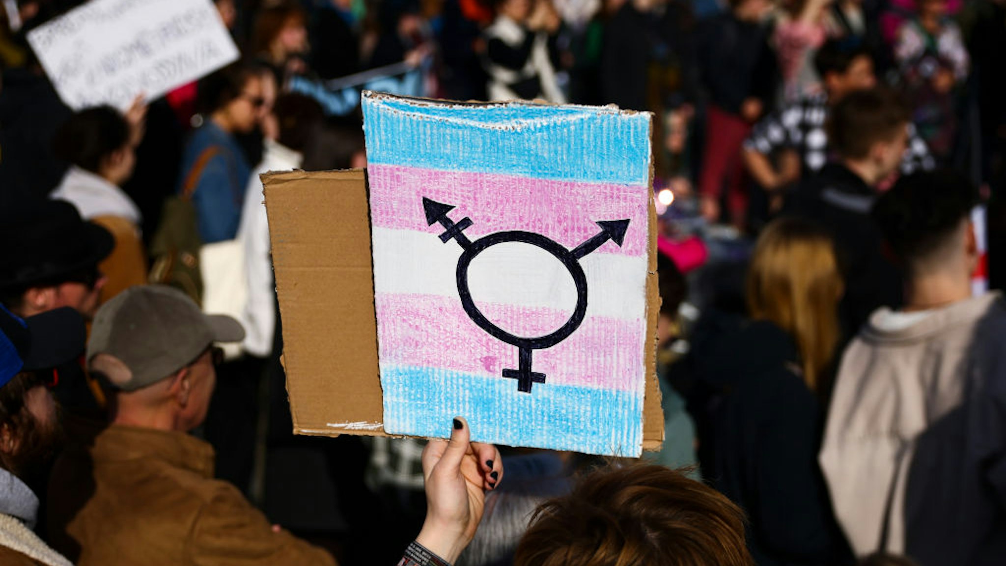 Transgender symbol is seen on a banner during an annual 'Manifa' march in Krakow, Poland on March 18, 2023. This year's 18th edition of Krakow's Manifa was held under a slogan 'Each of us is important' with participants demanding abortion rights. (Photo by Beata Zawrzel/NurPhoto via Getty Images)