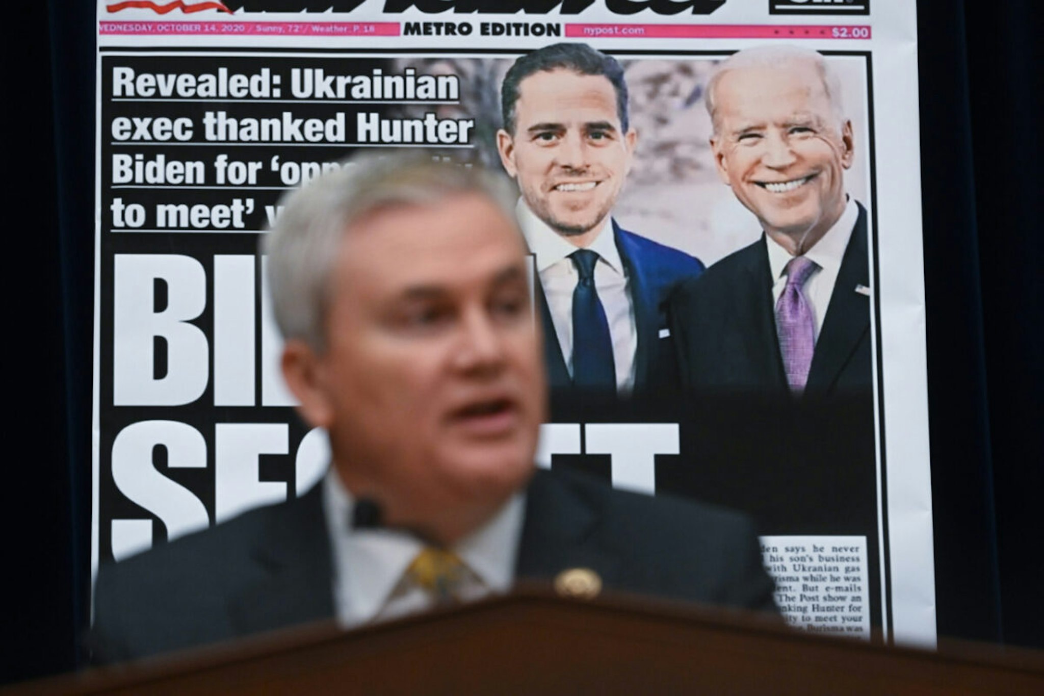 House Oversight Committee Chairman Rep. James Comer (R-KY) is seen in front of a newspaper page with a photograph of Hunter Biden and his father President Joe Biden during the Protecting Speech from Government Interference and Social Media hearing with former Twitter employees before the House Committee on Oversight and Accountability at the Rayburn House Office Building on Wednesday February 08, 2023 in Washington, DC.