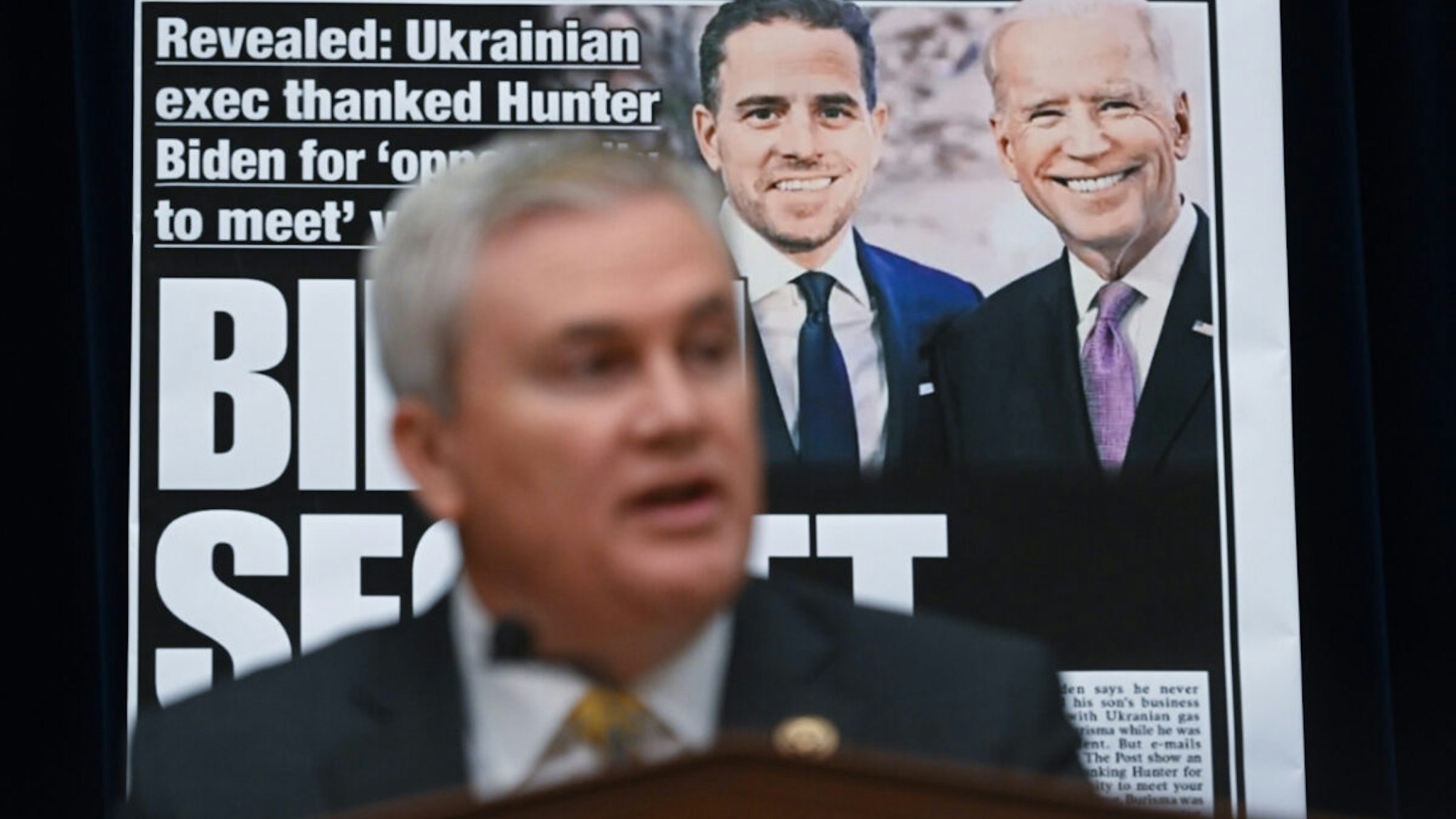 House Oversight Committee Chairman Rep. James Comer (R-KY) is seen in front of a newspaper page with a photograph of Hunter Biden and his father President Joe Biden during the Protecting Speech from Government Interference and Social Media hearing with former Twitter employees before the House Committee on Oversight and Accountability at the Rayburn House Office Building on Wednesday February 08, 2023 in Washington, DC.