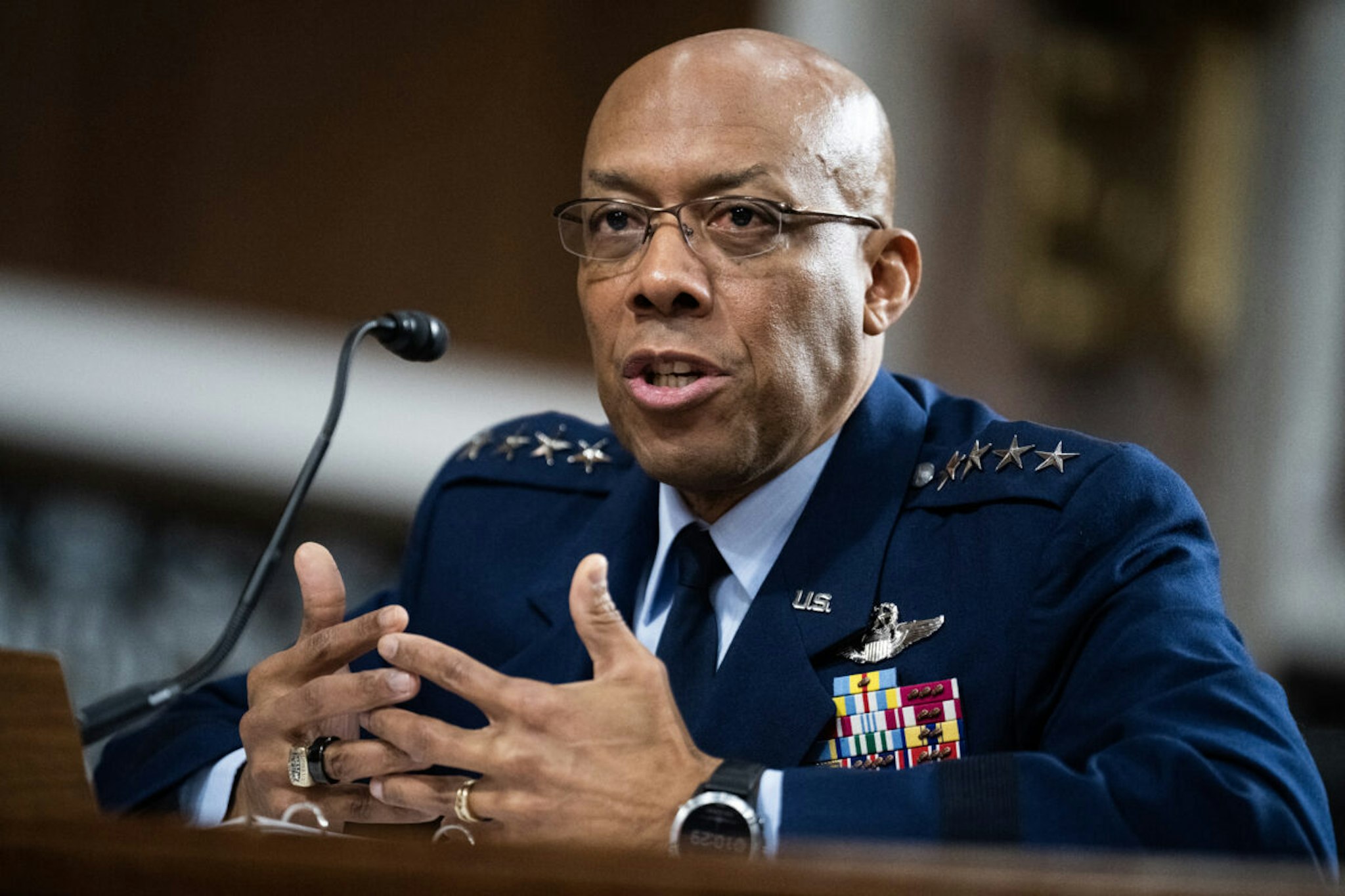 Air Force Chief of Staff Gen. Charles Q. Brown, Jr., testifies during the Senate Armed Services Committee hearing on the "Department of the Air Force in review of the Defense Authorization Request for Fiscal Year 2024 and the Future Years Defense Program," in Dirksen Building on Tuesday, May 2, 2023.