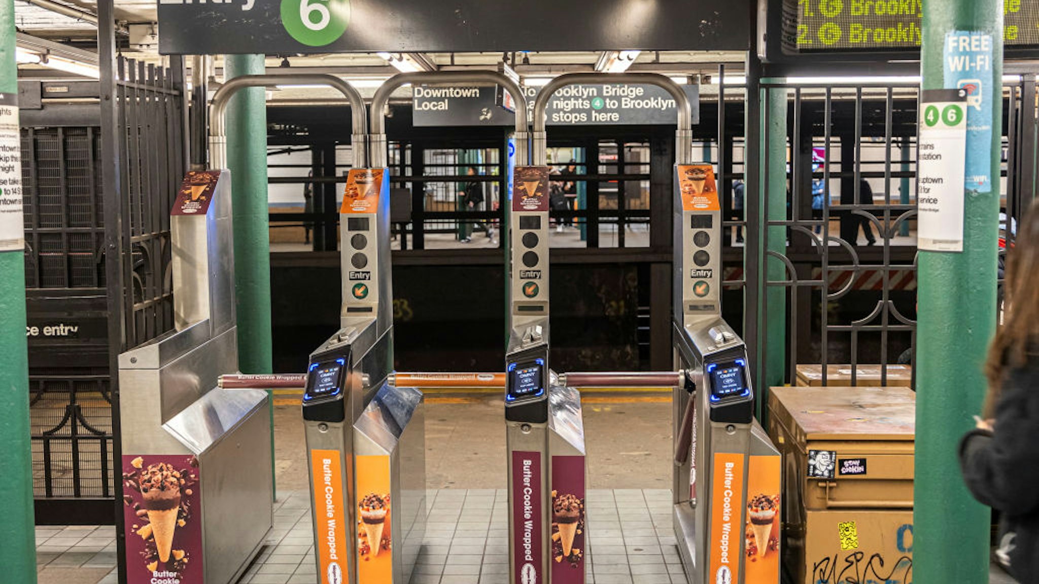 Turnstile entrance before the platform of Spring Street station in Manhattan of the New York City Subway commuter transit system MTA at Little Italy and SoHo. The underground metro station has 2 platforms serving IRT Lexington Avenue Line, Line 4 and 6. New York, United States of America, on May 2023 (Photo by Nicolas Economou/NurPhoto via Getty Images)