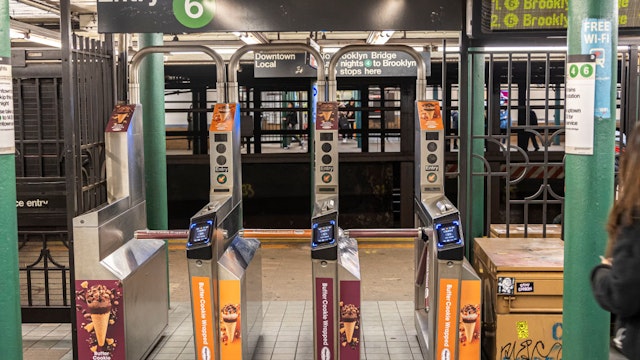 Turnstile entrance before the platform of Spring Street station in Manhattan of the New York City Subway commuter transit system MTA at Little Italy and SoHo. The underground metro station has 2 platforms serving IRT Lexington Avenue Line, Line 4 and 6. New York, United States of America, on May 2023 (Photo by Nicolas Economou/NurPhoto via Getty Images)