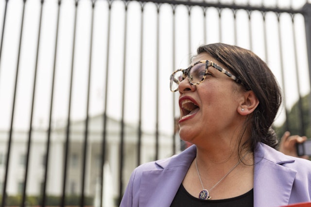 Congresswoman Rashida Tlaib chants during Stop Mount Valley Pipeline rally held in front of the White House in Washington D.C. on June 08, 2023.