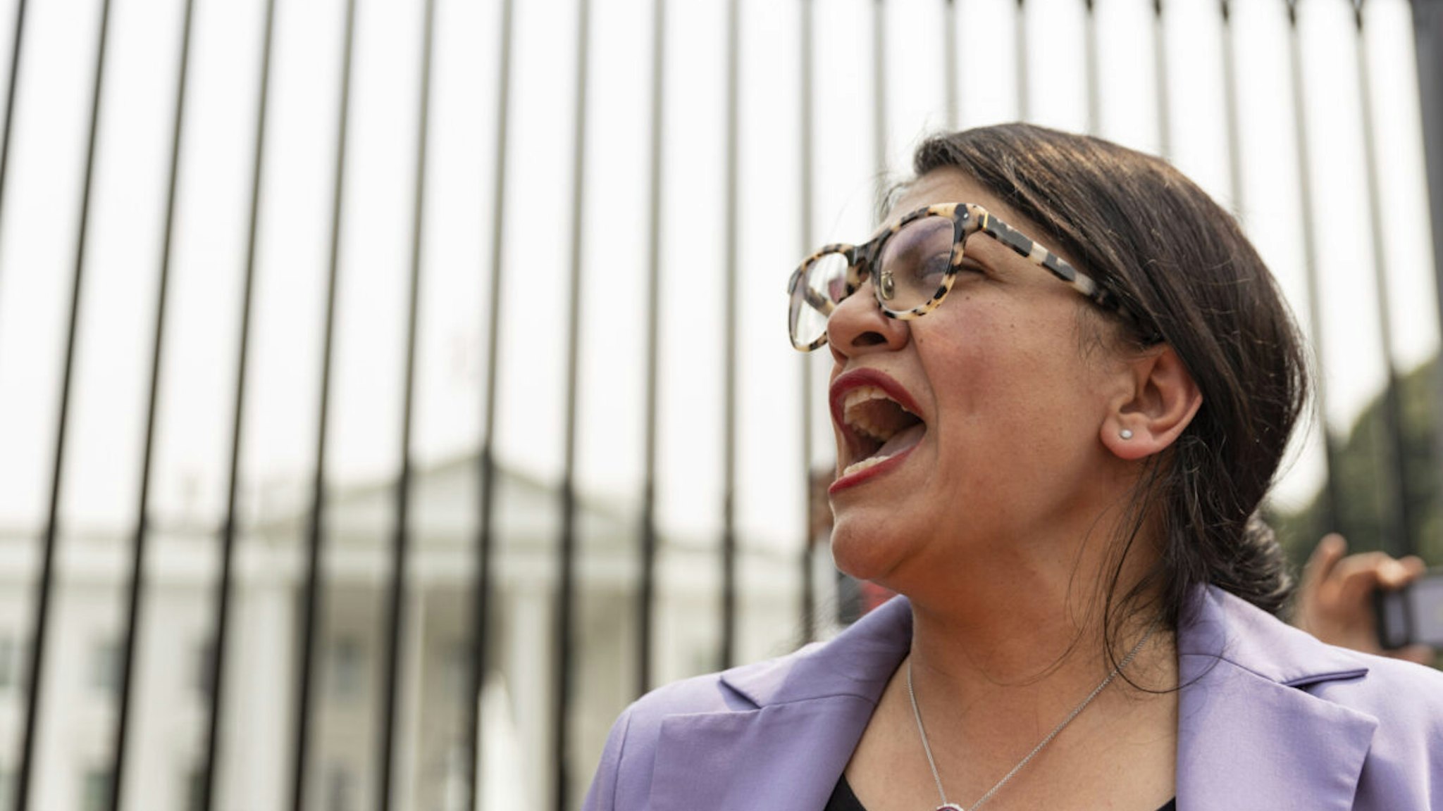 Congresswoman Rashida Tlaib chants during Stop Mount Valley Pipeline rally held in front of the White House in Washington D.C. on June 08, 2023.
