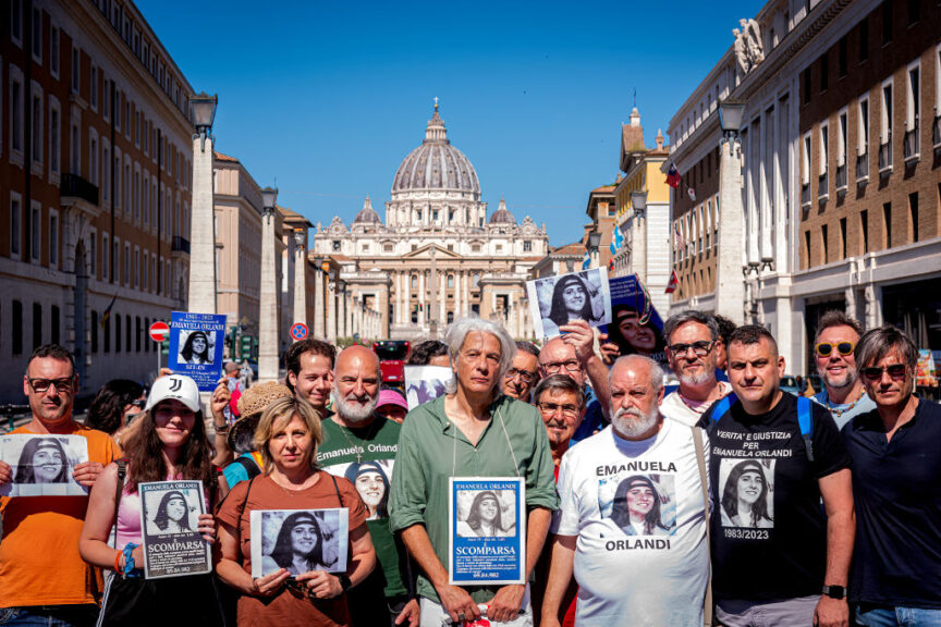 ROME, ITALY - JUNE 25: Pietro Orlandi (C), Emanuela Orlandi's brother, attends the march to St. Peter's Square on June 25, 2023 in Rome, Italy. Pope Francis expressed his closeness to the family of Emanuela Orlandi, on the 40th anniversary of her disappearance. Emanuela Orlandi, a Vatican citizen, disappeared mysteriously while returning home from a flute lesson on June 22, 1983, at the age of 15. Her story gave rise to speculation over the years, which assumed the involvement of international terrorism, Italian intelligence, organized crime and a plot inside the Vatican. (Photo by Stefano Montesi - Corbis/Corbis via Getty Images)