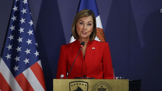 PRISHTINA, KOSOVO - JUNE 26: Kim Reynolds, Governor of the US state of Iowamakes statements at a joint press conference with Kosovo President Vjosa Osmani (not seen) in Prishtina, Kosovo on June 26, 2023.